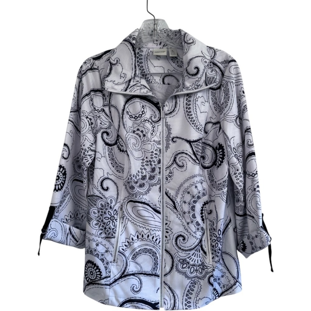 Zenergy by Chicos Womens Small Black White Paisley Full Zip Jacket Mock Neck